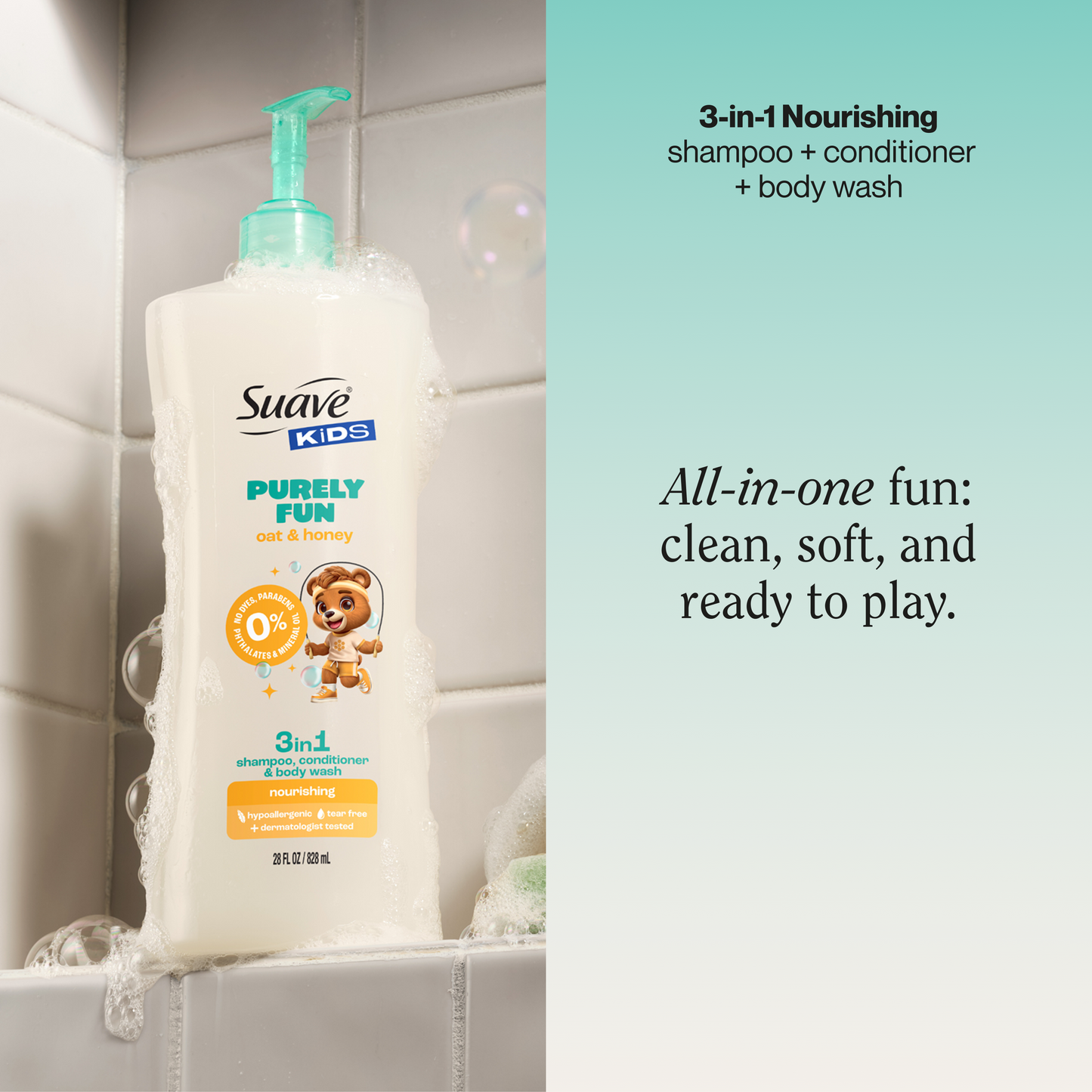 Suave Kids Purely Fun 3 in 1 Shampoo, Conditioner & Body Wash with Oat & Honey, Tear-Free, Hypoallergenic, Paraben & Dye Free, Gentle Hair Care for Kids, 28 FL OZ