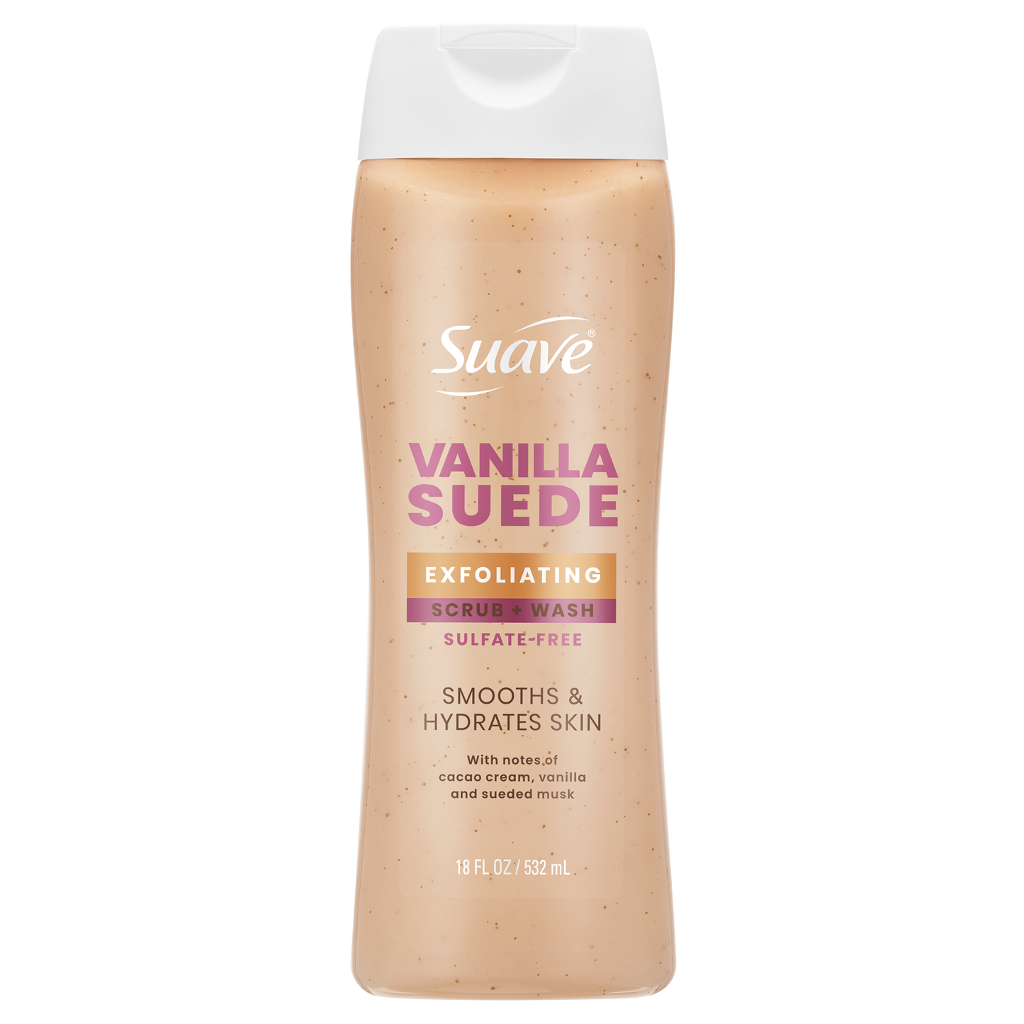 Suave Vanilla Suede Exfoliating Body Wash & Scrub with Glycerin & Vitamin E, Sulfate-Free Hydrating Cleanser for Soft, Smooth Skin, 18 FL OZ