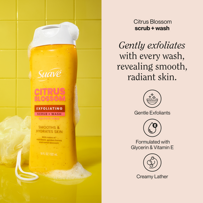 Suave Citrus Blossom Exfoliating Body Wash & Scrub with Glycerin & Vitamin E, Sulfate-Free Hydrating Cleanser for Soft, Smooth Skin, 18 FL OZ