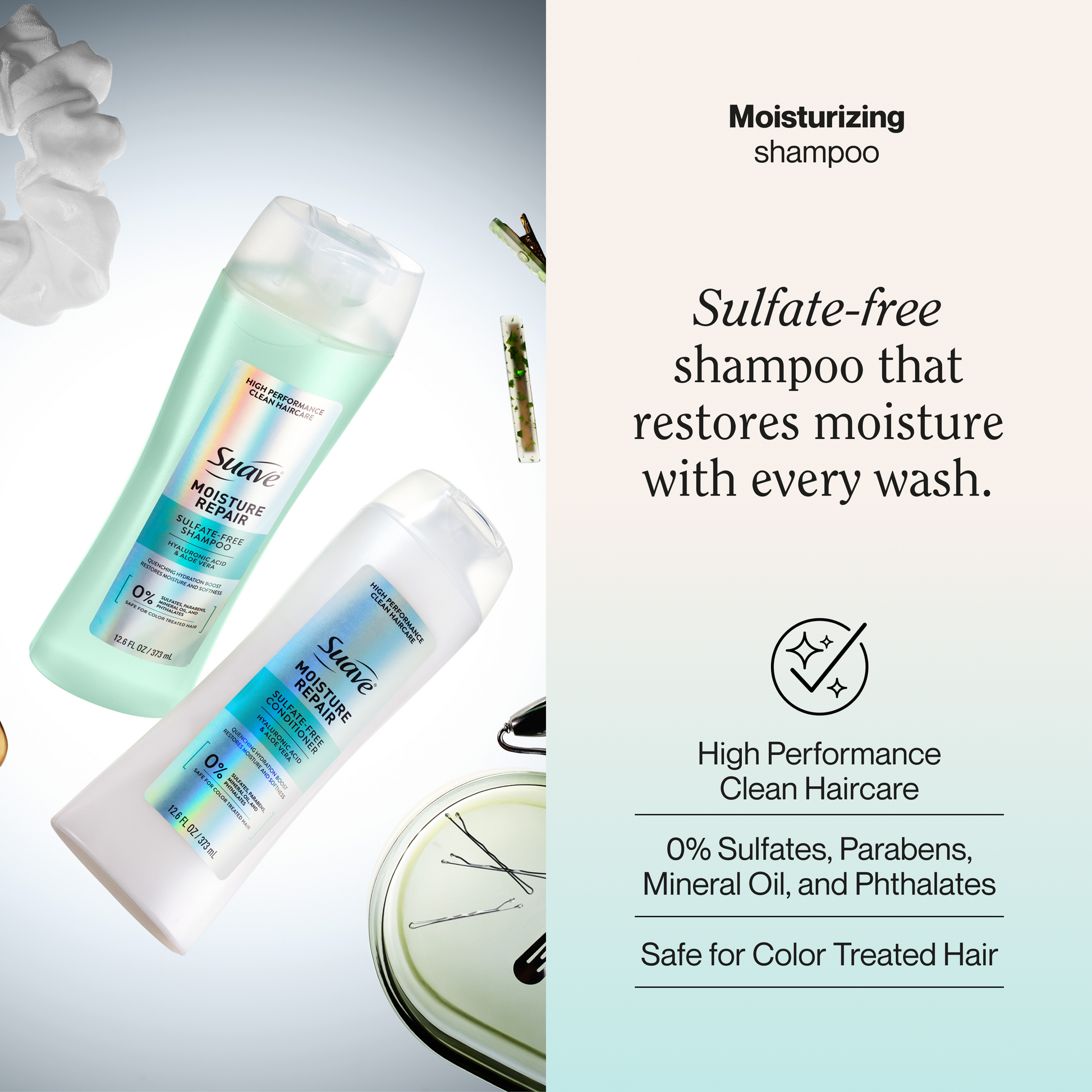 Suave Moisture Repair Sulfate-Free Shampoo with Hyaluronic Acid & Aloe Vera, Hydrates & Restores Dry, Damaged Hair