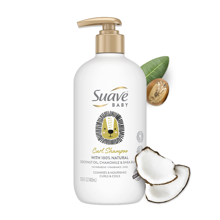 Baby Curl Shampoo Suave baby shampoo in white bottle with 13.5 ounce size and coconut oil chamomile shea butter