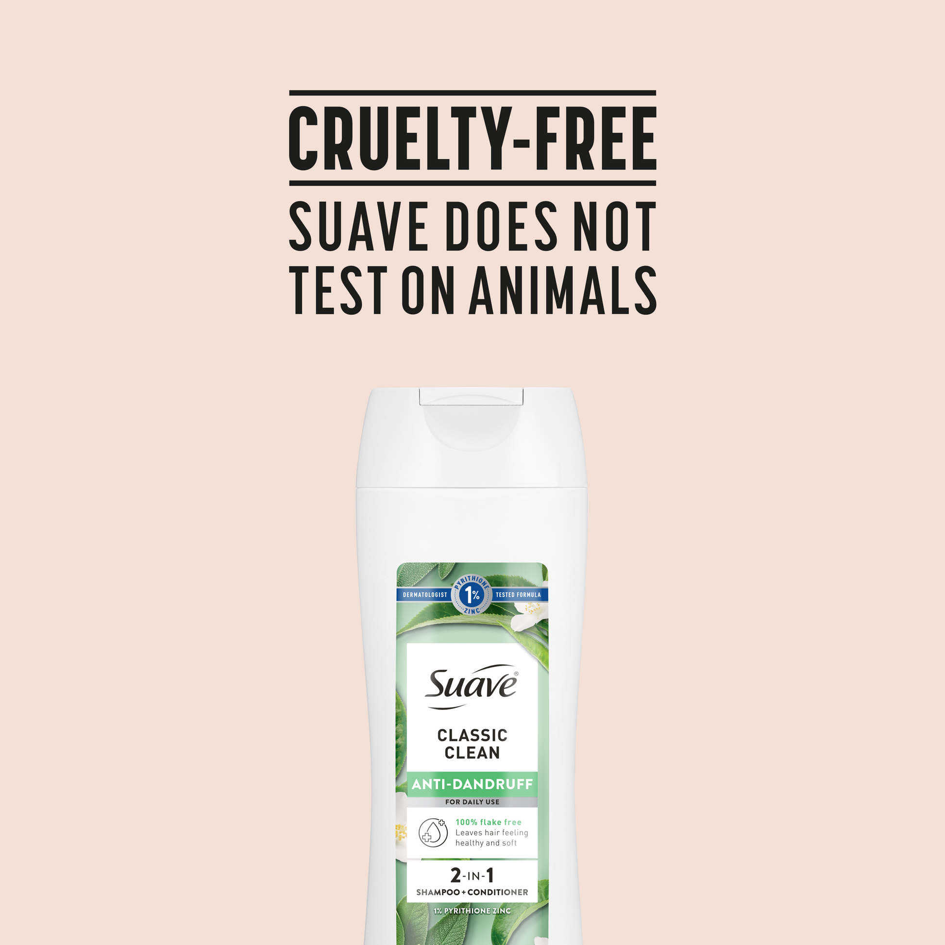 Suave Anti Dandruff 2 IN 1 Shampoo & Conditioner For Women, Classic Clean, 1% Pyrithione Zinc, Controls Flakes, Itch & Dry Scalp, 12.6 FL OZ