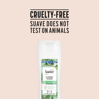 Suave Anti Dandruff 2 IN 1 Shampoo & Conditioner For Women, Classic Clean, 1% Pyrithione Zinc, Controls Flakes, Itch & Dry Scalp, 12.6 FL OZ