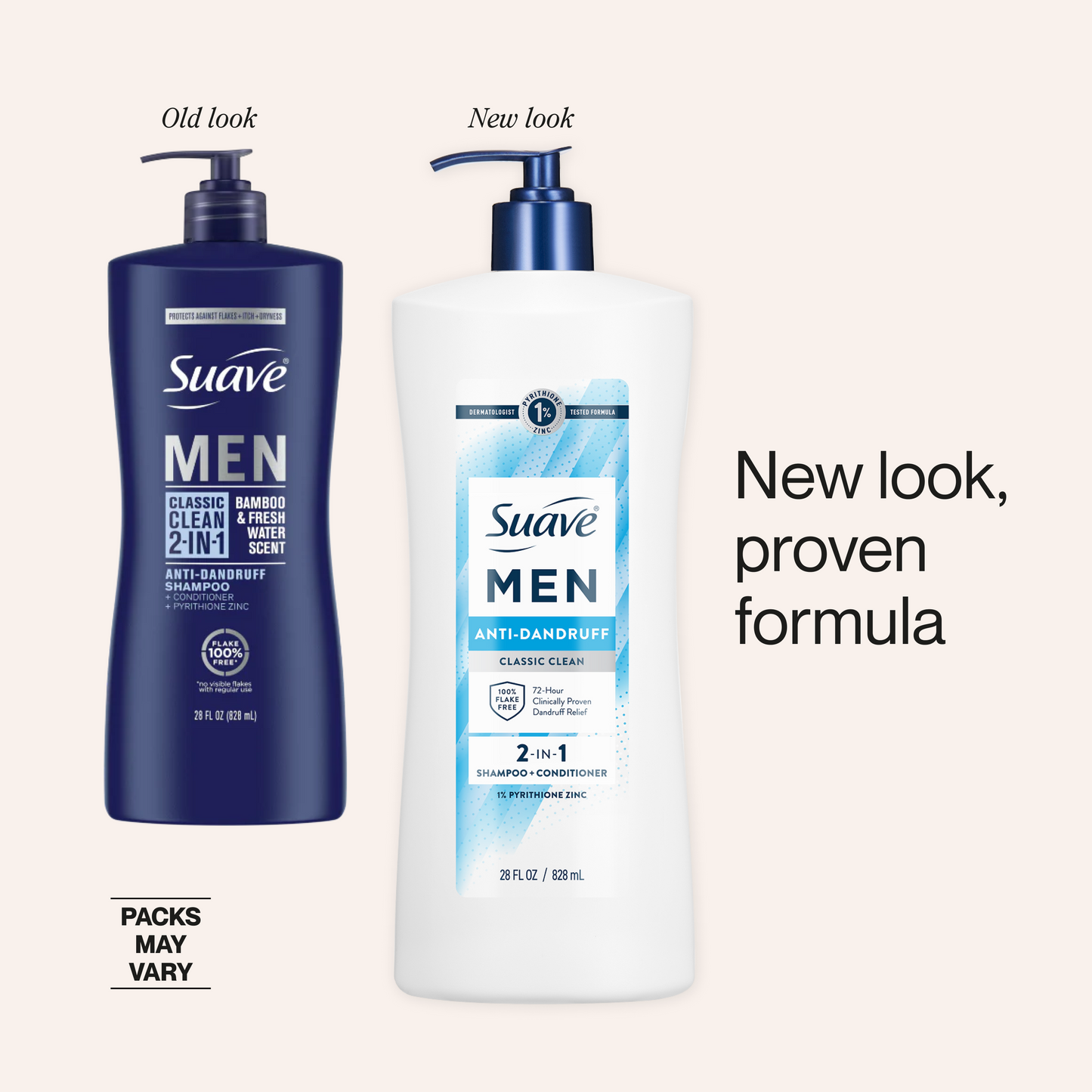 Suave Men 2 IN 1 Anti Dandruff Shampoo & Conditioner, Classic Clean, 72-HR Flake Control, 1% Pyrithione Zinc, Relieves Itchy & Dry Scalp, 28 FL OZ