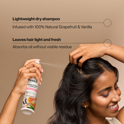 Suave Dry Shampoo For Women, Fresh Citrus & Vanilla, Absorbs Oil & Dirt For Instant Hair Refresh Between Washes, Invisible, Lightweight Finish, 4.3 OZ