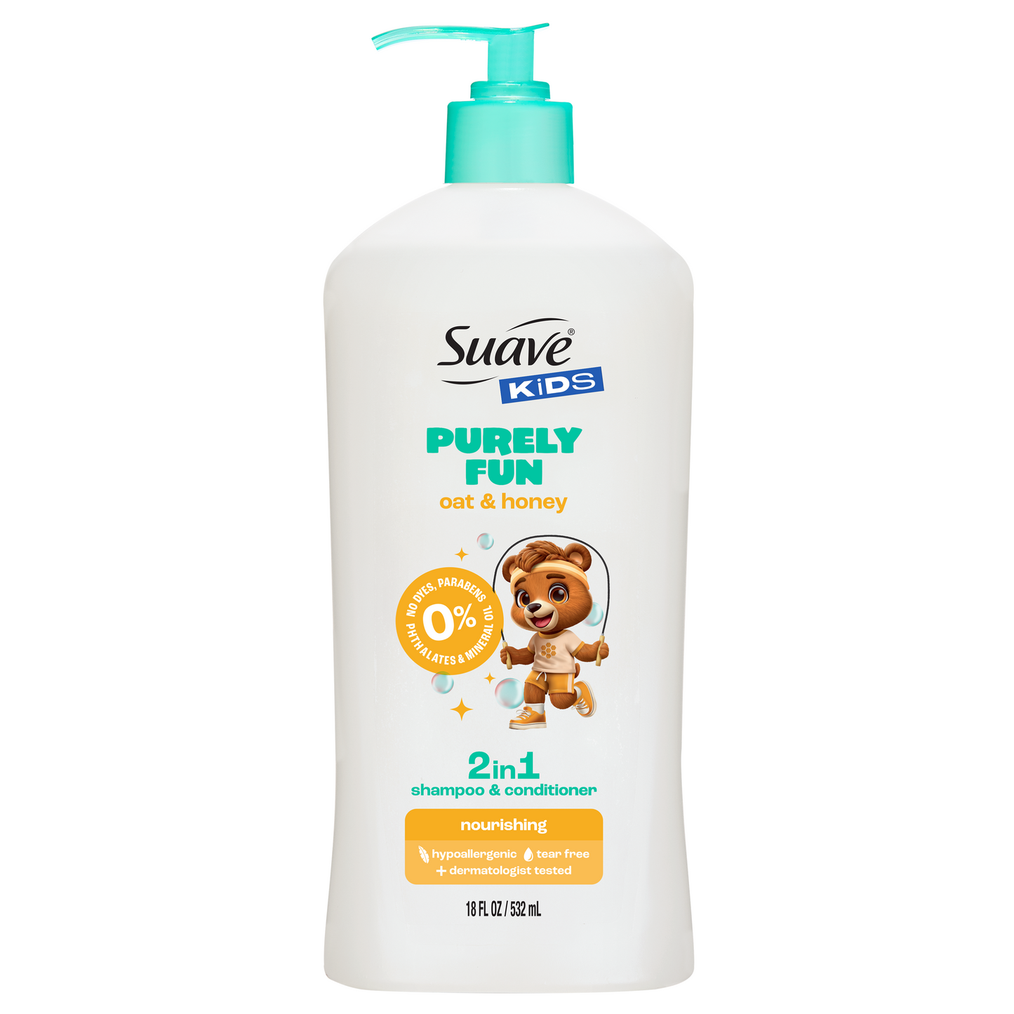 Suave Kids Purely Fun 2 in 1 Shampoo & Conditioner with Oat & Honey, Tear-Free, Hypoallergenic, Paraben & Dye Free, Gentle Hair Care for Kids, 18 FL OZ