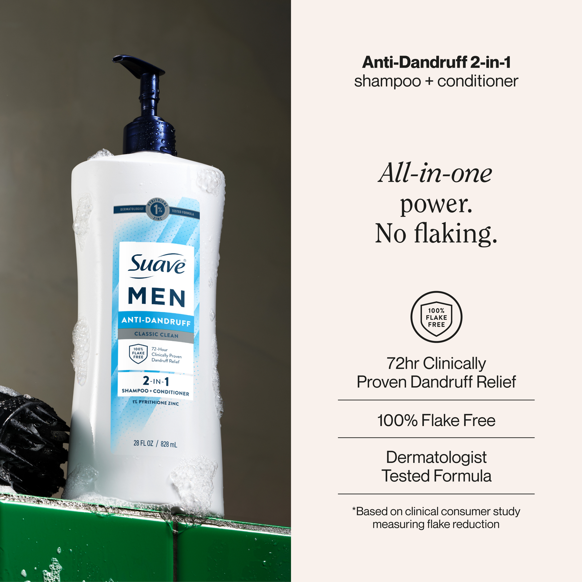 Suave Men 2 IN 1 Anti Dandruff Shampoo & Conditioner, Classic Clean, 72-HR Flake Control, 1% Pyrithione Zinc, Relieves Itchy & Dry Scalp, 28 FL OZ