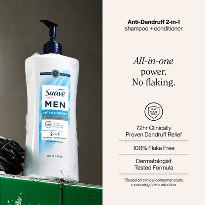 Suave Men 2 IN 1 Anti Dandruff Shampoo & Conditioner, Classic Clean, 72-HR Flake Control, 1% Pyrithione Zinc, Relieves Itchy & Dry Scalp, 28 FL OZ