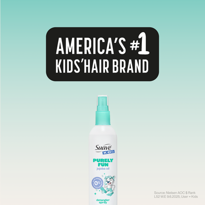 Suave Kids Purely Fun Hair Detangler Spray with Jojoba Oil, Tear-Free, Tangle-Free Shine for Soft, Manageable Hair, Hypoallergenic, 10 FL OZ