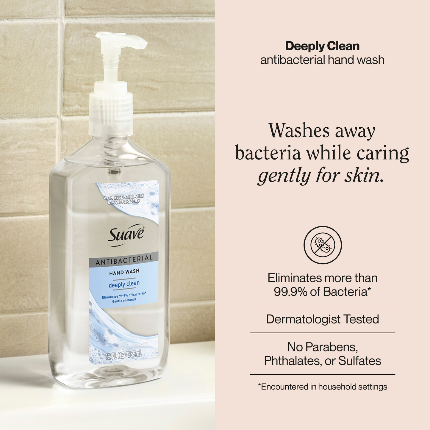Suave Antibacterial Hand Wash, Deeply Clean, Kills 99.9% of Bacteria, Gentle & Moisturizing Liquid Soap for Kitchen & Bathroom, 12 FL OZ
