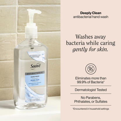 Suave Antibacterial Hand Wash, Deeply Clean, Kills 99.9% of Bacteria, Gentle & Moisturizing Liquid Soap for Kitchen & Bathroom, 12 FL OZ
