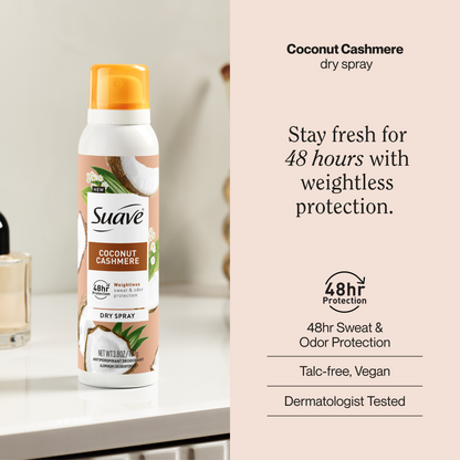 Suave Coconut Cashmere Dry Spray Antiperspirant Deodorant, 48 HR Weightless Sweat & Odor Protection, Invisible, Talc Free, Wax Free, Vegan, 3.8 OZ