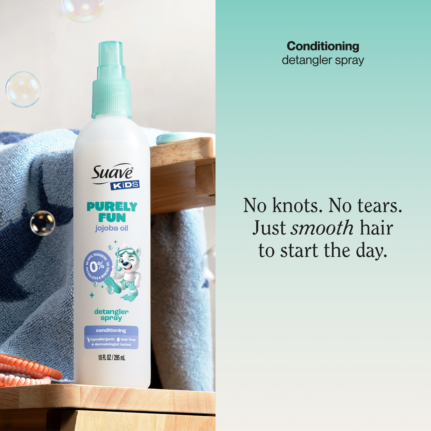 
                  
                    Suave Kids Purely Fun Hair Detangler Spray with Jojoba Oil, Tear-Free, Tangle-Free Shine for Soft, Manageable Hair, Hypoallergenic, 10 FL OZ
                  
                