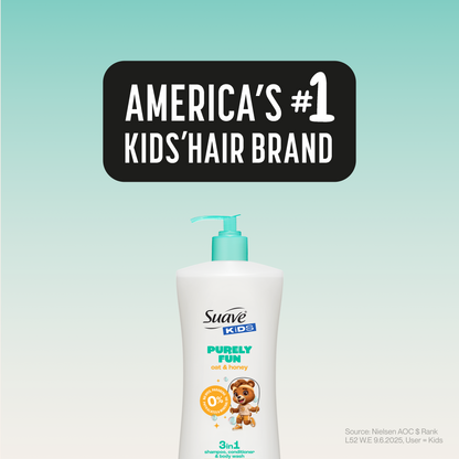 Suave Kids Purely Fun 3 in 1 Shampoo, Conditioner & Body Wash with Oat & Honey, Tear-Free, Hypoallergenic, Paraben & Dye Free, Gentle Hair Care for Kids, 28 FL OZ