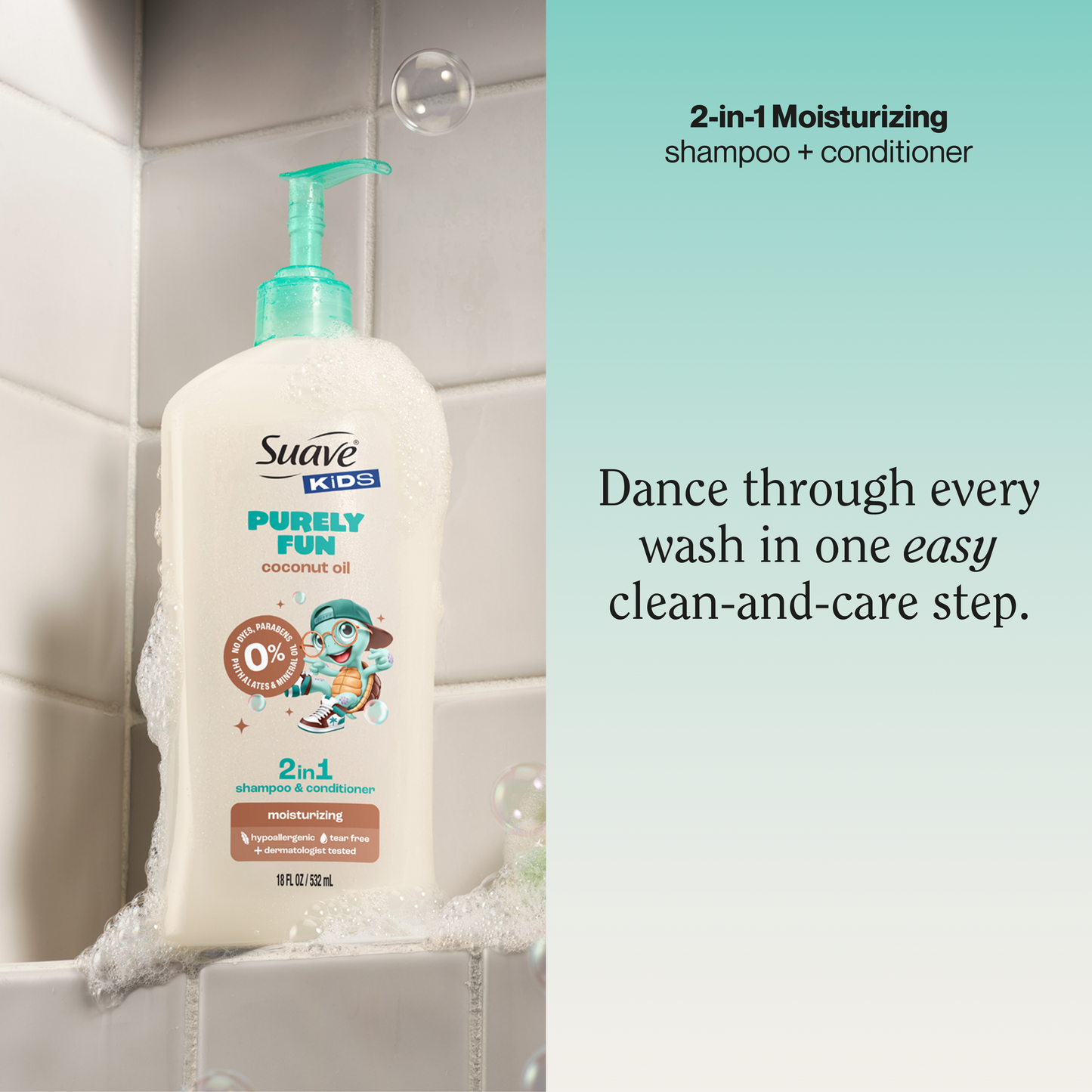 Suave Kids Purely Fun 2 in 1 Shampoo & Conditioner with Coconut Oil, Tear-Free, Hypoallergenic, Paraben & Dye Free, Gentle Hair Care for Kids