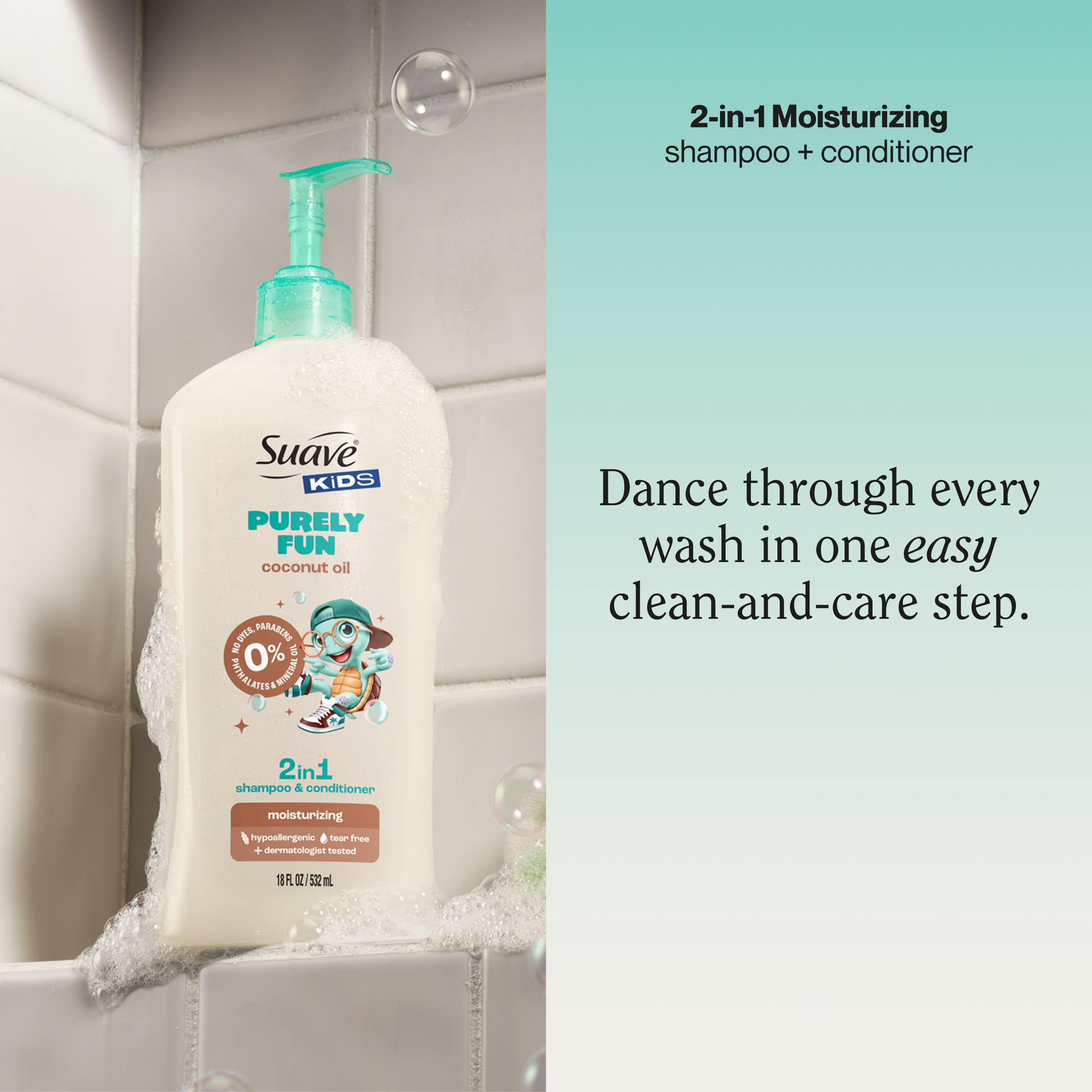Suave Kids Purely Fun 2 in 1 Shampoo & Conditioner with Coconut Oil, Tear-Free, Hypoallergenic, Paraben & Dye Free, Gentle Hair Care for Kids