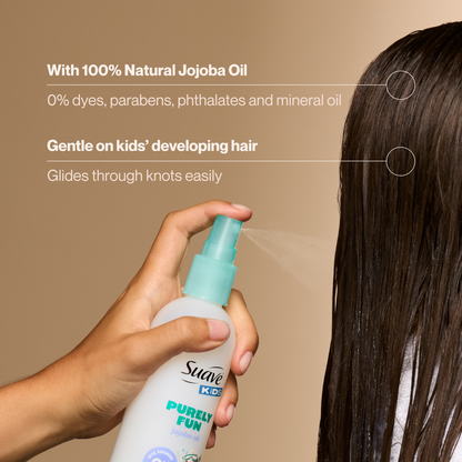 Suave Kids Purely Fun Hair Detangler Spray with Jojoba Oil, Tear-Free, Tangle-Free Shine for Soft, Manageable Hair, Hypoallergenic, 10 FL OZ