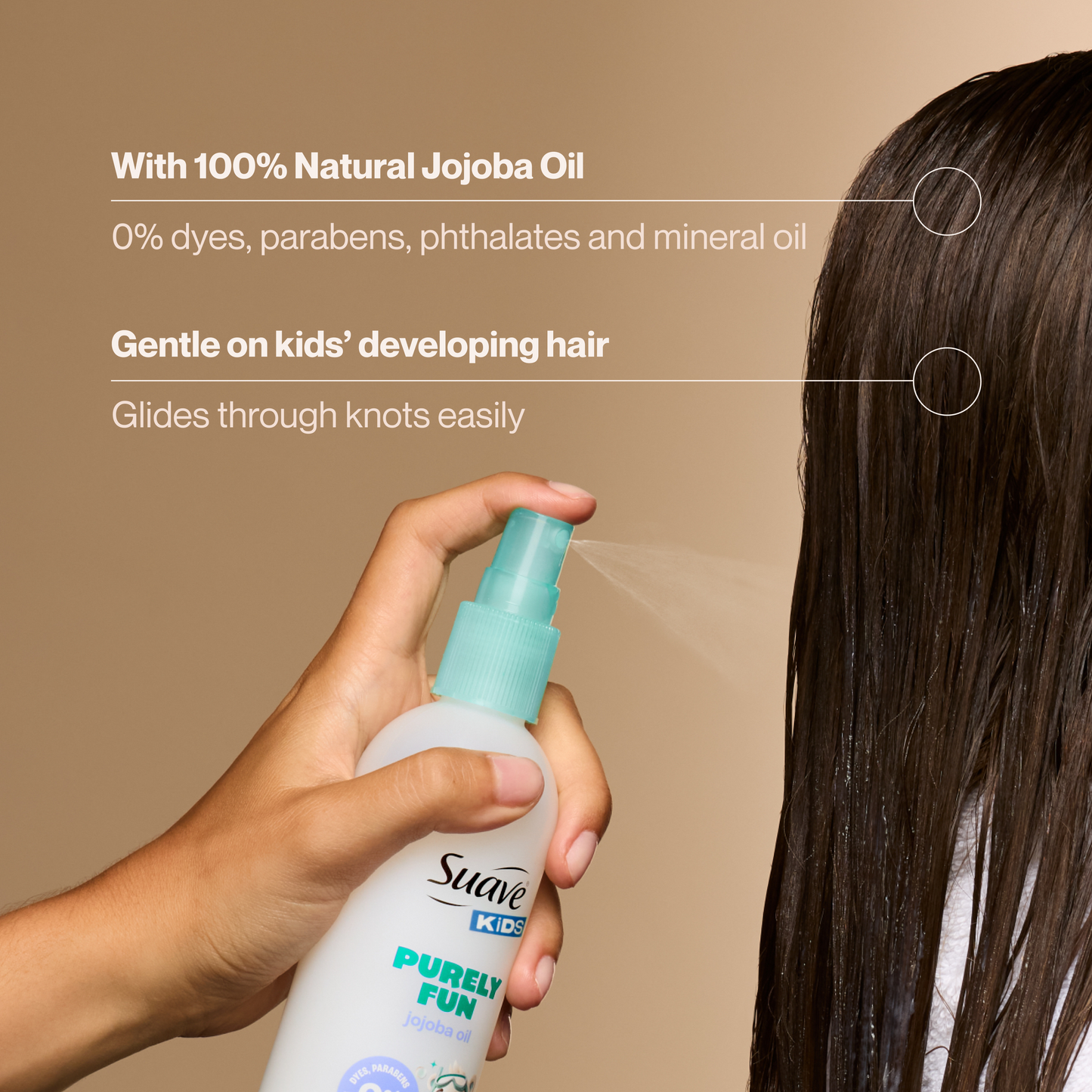 
                  
                    Suave Kids Purely Fun Hair Detangler Spray with Jojoba Oil, Tear-Free, Tangle-Free Shine for Soft, Manageable Hair, Hypoallergenic, 10 FL OZ
                  
                