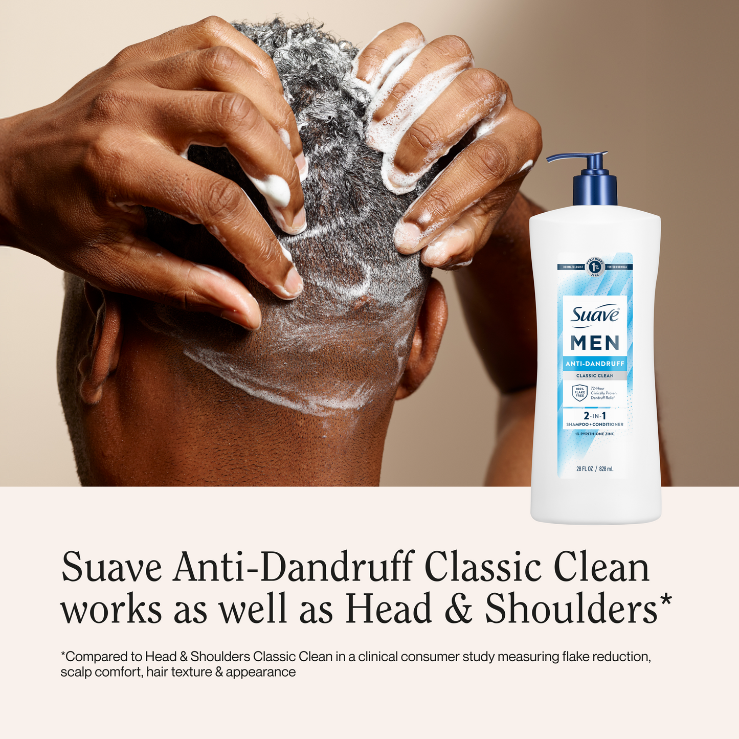 Suave Men 2 IN 1 Anti Dandruff Shampoo & Conditioner, Classic Clean, 72-HR Flake Control, 1% Pyrithione Zinc, Relieves Itchy & Dry Scalp, 28 FL OZ