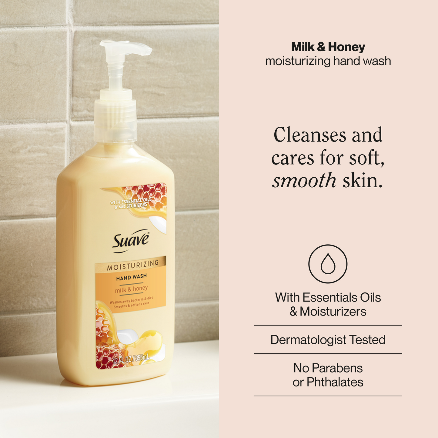 Suave Milk & Honey Hand Wash, Moisturizing, pH-Balanced Formula for Soft, Smooth Skin, 12 FL OZ