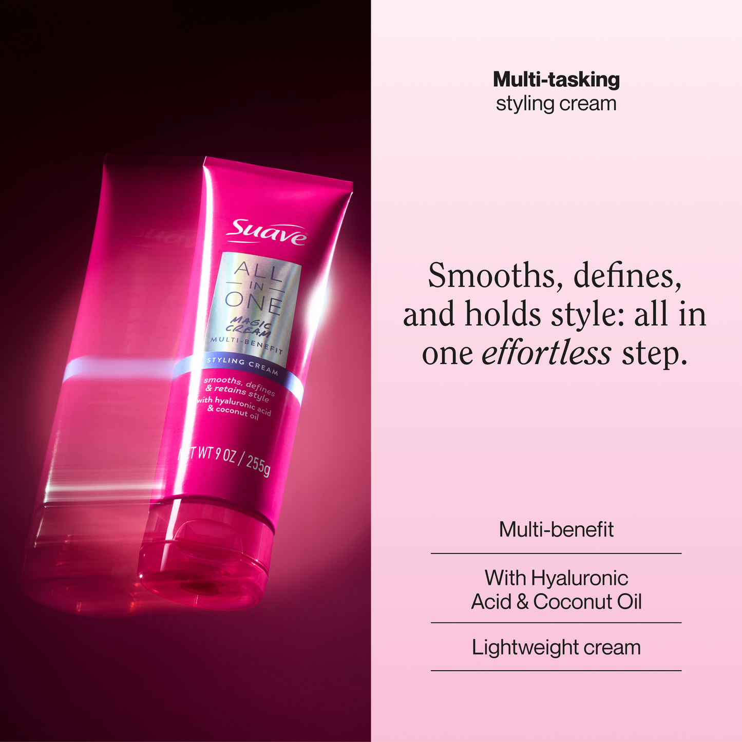 Suave All In One Magic Styling Cream For Women, Smooths, Hydrates & Nourishes Hair, Controls Frizz, Boosts Shine, Scented, All Hair Types, 9 OZ